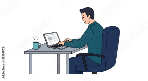 Illustration of Man Working on Laptop with Coffee