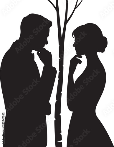 Black vector silhouette illustration of young lovers in a romantic embrace