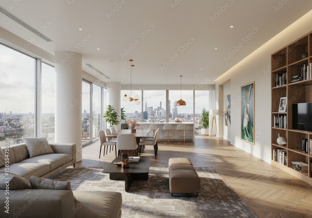 Fototapeta premium Modern Open-Plan Penthouse with City View, Living, Dining, and Kitchen