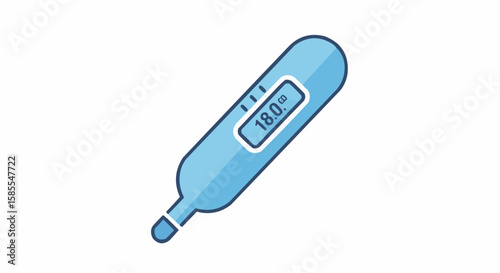 Illustration of a blue digital thermometer displaying a reading of eighteen degrees celsius