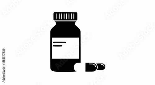 Illustration of a medicine bottle with label and two pills on a white background view from side