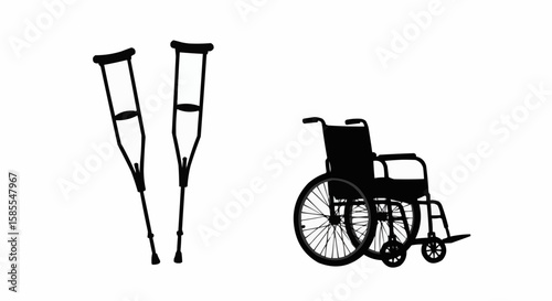 Illustration showing two crutches and a wheelchair in black silhouette on a white background
