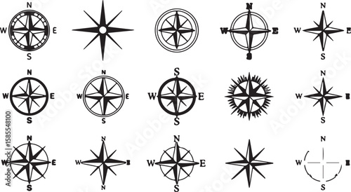 Vintage nautical vector set with compass, wheel, and star icons, perfect for travel map designs