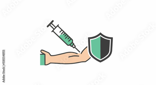 Illustration of a syringe injecting vaccine into arm with a shield for protection concept