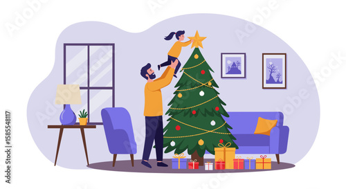 Dad Lifting Child to Place Star on Christmas Tree, Flat Vector Scene