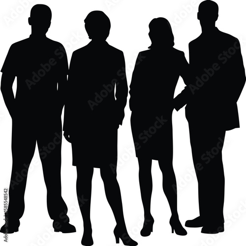 Vector silhouettes of  men and a women, a group of standing   business people, profile, black  color isolated on white background