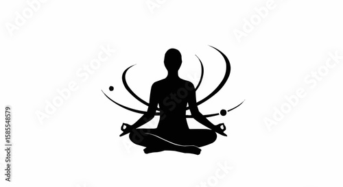 Silhouette of a person meditating in lotus position with abstract orbital elements around them