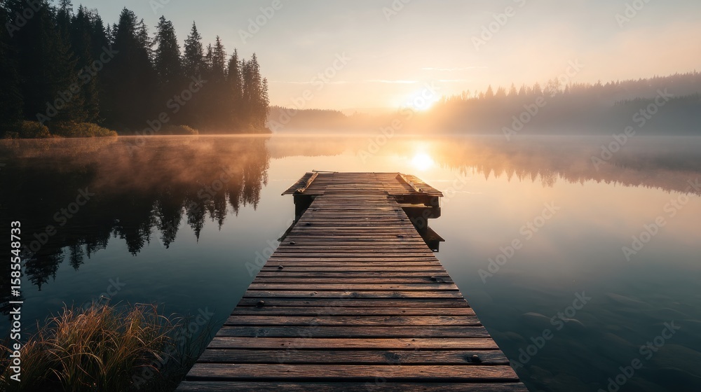Fototapeta premium Sunrise over a misty lake with a wooden pier