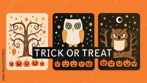 Three halloween themed cards featuring owls, pumpkins, a tree and stars with trick or treat text overlayed