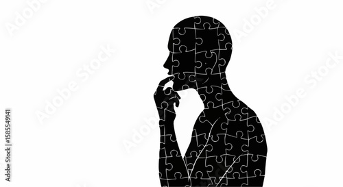 Silhouette of a person filled with puzzle pieces in black and white pondering a solution
