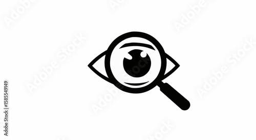 An eye being examined with a magnifying glass in black and white simple vector illustration