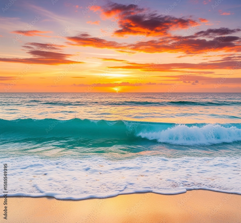 Fototapeta premium Serene Turquoise Ocean Waves Crashing on a Sandy Beach at Sunset