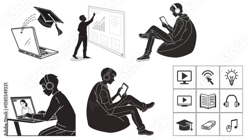 Vector silhouettes and icon set for e-learning, illustrating themes of online courses and digital education.