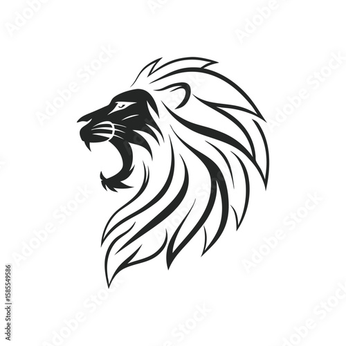 Fierce black lion head roaring with flowing mane silhouette