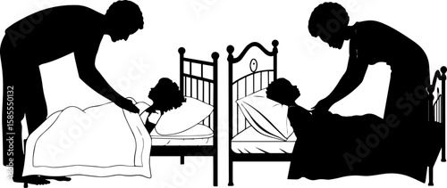 Parent Tucking Child into Bed Silhouettes: Bedtime Routine and Care