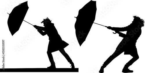 Person Struggling with Umbrella in Strong Wind Silhouette