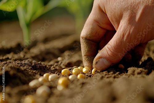 Close-Up of a Hand Planting Seeds in Fertile Soil for Agriculture