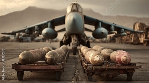 Soviet yak 38 vtol jet forger is parked on an airfield with bombs loaded on carts in front of it, ready for flight, evoking a sense of military preparedness and potential conflict