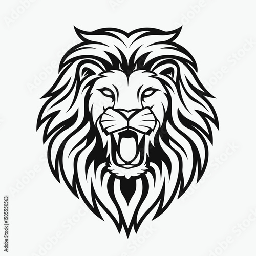Fierce lion head roaring black and white silhouette