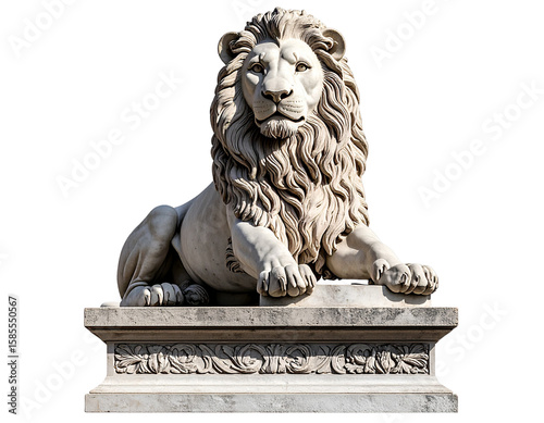  Classic Sitting Lion Statue with Ornate Base, Front View, isolated on transparent background