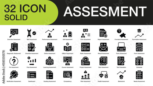 assesment set of web icons in solid. Containing overview, checklis, result, form, learning, course, quiz, and more. high quality