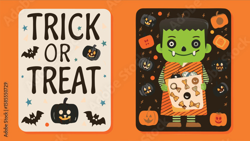 Halloween themed card with trick or treat message and frankenstein character holding a bag of sweets