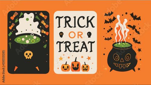 Halloween themed image featuring cauldrons, bats, pumpkins and the phrase trick or treat in orange