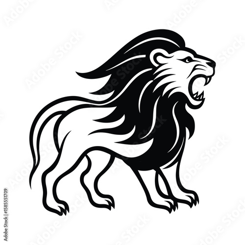 Majestic lion roaring black silhouette white