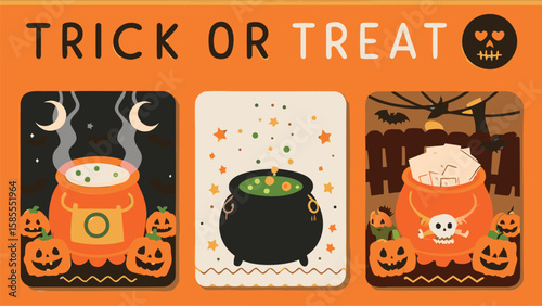 Three halloween themed cards with cauldrons pumpkins and a skull with trick or treat text banner above them