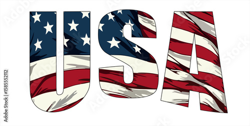 Vector isolated drawing for t-shirt with inscription 
of name of country of usa on background 
of national united states flag. Pattern for fabric, paper, 
clothing. American flag font. Mockup t shirt.