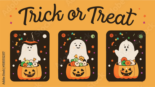 Three halloween ghosts with candy in pumpkin buckets and trick or treat text on orange background