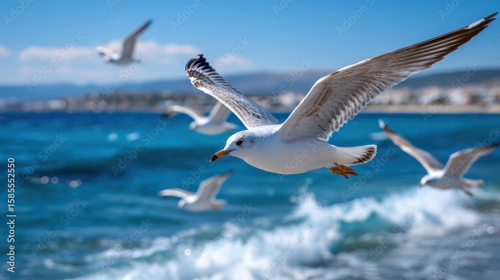 Obraz premium Seagulls gracefully soaring above the sparkling ocean waves by the shore