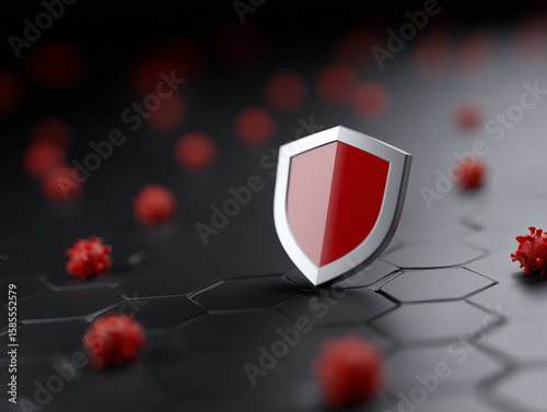 3D render of a shield icon on a dark hexagon background with red coronavirus shapes, flat lay, 