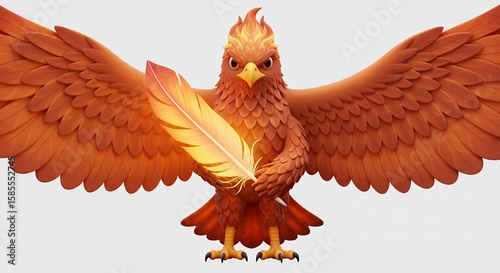 orange phoenix holding feather, wings spread clip art preview