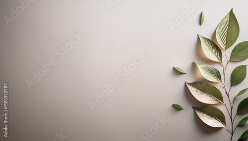 un fondo claro con espacio de copia con unas ramas de hojas elegantes y delicadas saliendo por un lado decorando la plantilla elegante y sutil