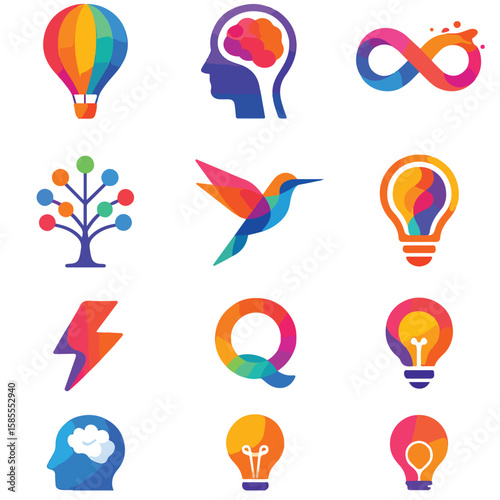 Creative Colorful Logos Set Brain, Infinity, Idea, Bird, Lightning, and More
