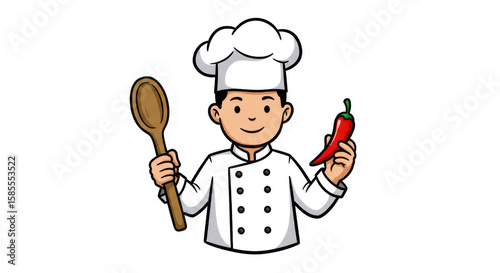 Cartoon Chef Holding Spoon and Chili Pepper Illustration