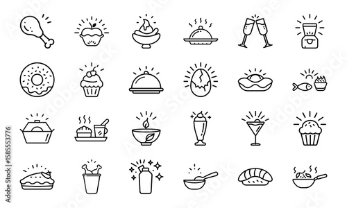 Collection of Hand-Drawn Food and Drink Line Icons with Light Effects Featuring Fast Food, Desserts, Beverages, and Hot Meals on White Background