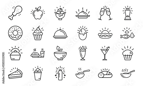 Collection of Hand-Drawn Food and Drink Line Icons with Light Effects Featuring Fast Food, Desserts, Beverages, and Hot Meals on White Background