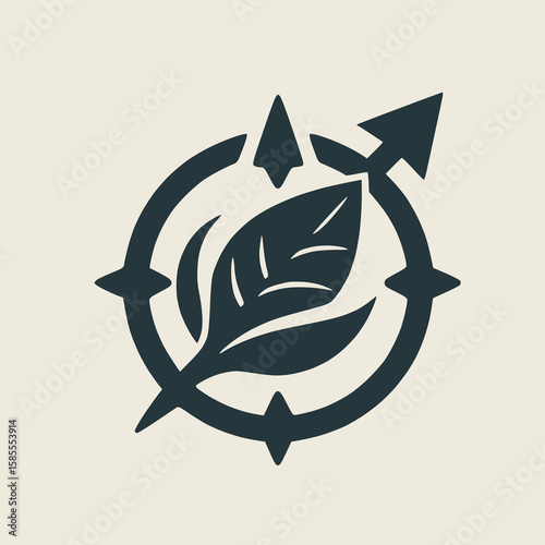 Bold compass arrow turning into a leaf, sustainability meets direction,solid color design