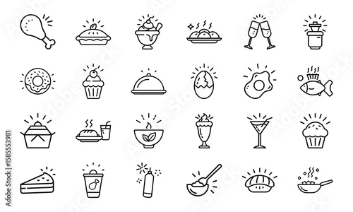 Collection of Hand-Drawn Food and Drink Line Icons with Light Effects Featuring Fast Food, Desserts, Beverages, and Hot Meals on White Background