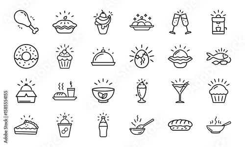Collection of Hand-Drawn Food and Drink Line Icons with Light Effects Featuring Fast Food, Desserts, Beverages, and Hot Meals on White Background