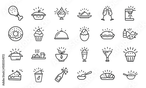 Collection of Hand-Drawn Food and Drink Line Icons with Light Effects Featuring Fast Food, Desserts, Beverages, and Hot Meals on White Background