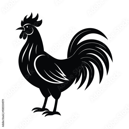 Elegant black rooster silhouette with stylized feathers