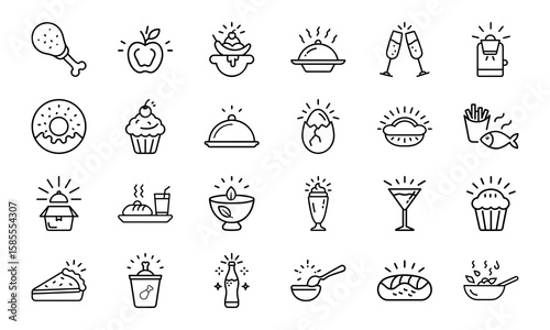 Collection of Hand-Drawn Food and Drink Line Icons with Light Effects Featuring Fast Food, Desserts, Beverages, and Hot Meals on White Background