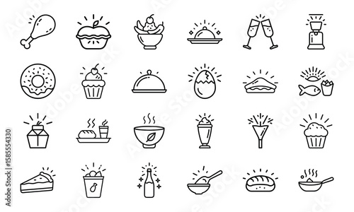 Collection of Hand-Drawn Food and Drink Line Icons with Light Effects Featuring Fast Food, Desserts, Beverages, and Hot Meals on White Background