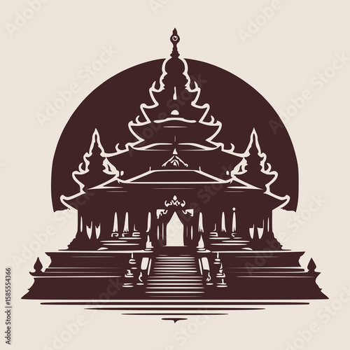 Temple silhouette, black outline, solid maroon fill, white background