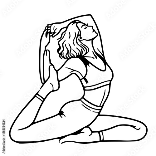 Woman doing yoga, black outline, solid lavender fill,white background