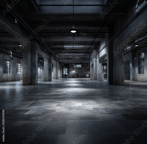photography of a empty warehouse with clean spotless black granite floor, with a soft spot light.
