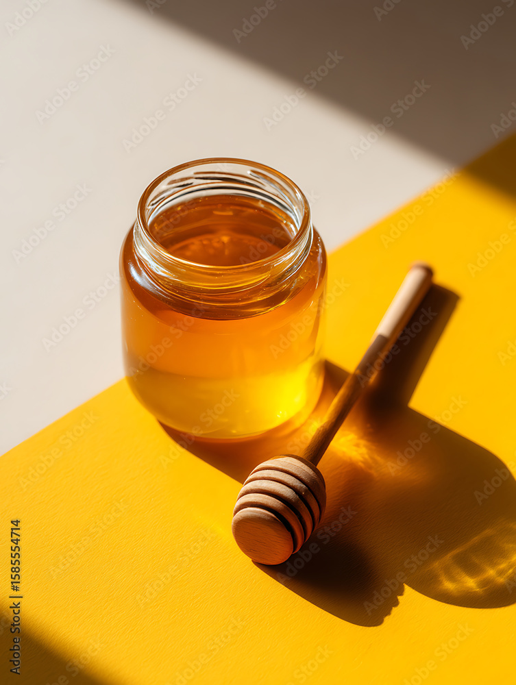 Close-up of Small honey jar next to a wooden honey dipper, soft shadows Close-up of Small honey jar next to a wooden honey dipper, soft shadows